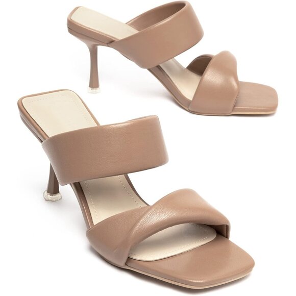 Zelaprox Women's Brown Faux Leather Two Straps Square Open Toe Kitten Heel Shoes - Picture 2 of 6